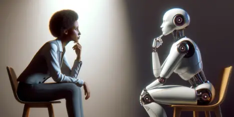 A woman and a humanoid robot sit on chairs facing each other, both in a thinking pose under a spotlight.