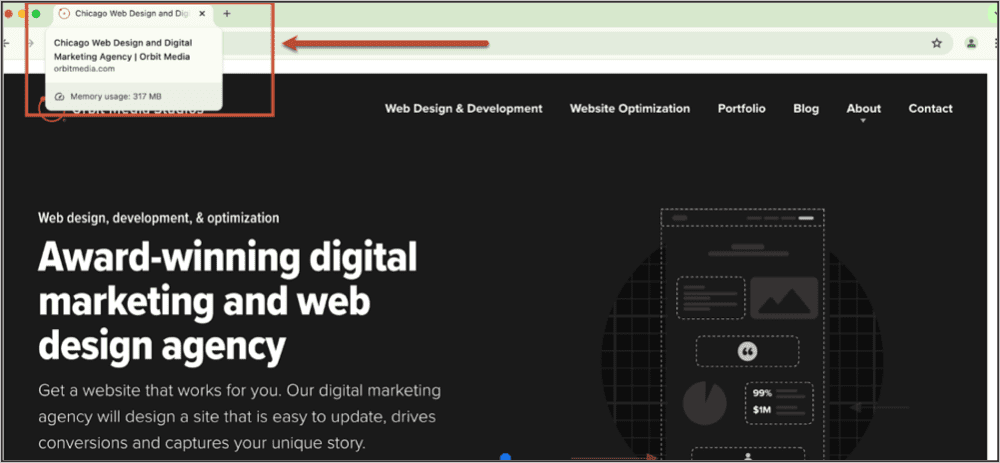 Screenshot of a web design agency's homepage featuring a dark themed header, navigation menu, and a central graphic depicting website elements.