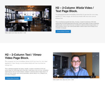 Man in a blue shirt smiling at the camera, with text overlay about video paragraph formatting on a split web page layout.