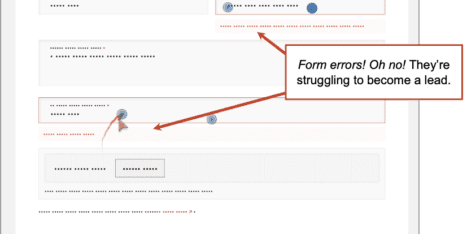 A form submission screen with several error messages highlighted, indicating issues preventing successful submission. Text box says, "Form errors! Oh no! They're struggling to become a lead.