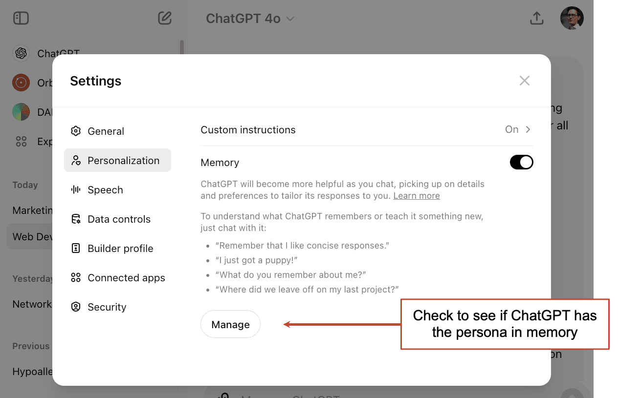 Screenshot of ChatGPT settings showing the Personalization tab. An arrow points to the "Manage" button under the Memory section with accompanying text: "Check to see if ChatGPT has the persona in memory.