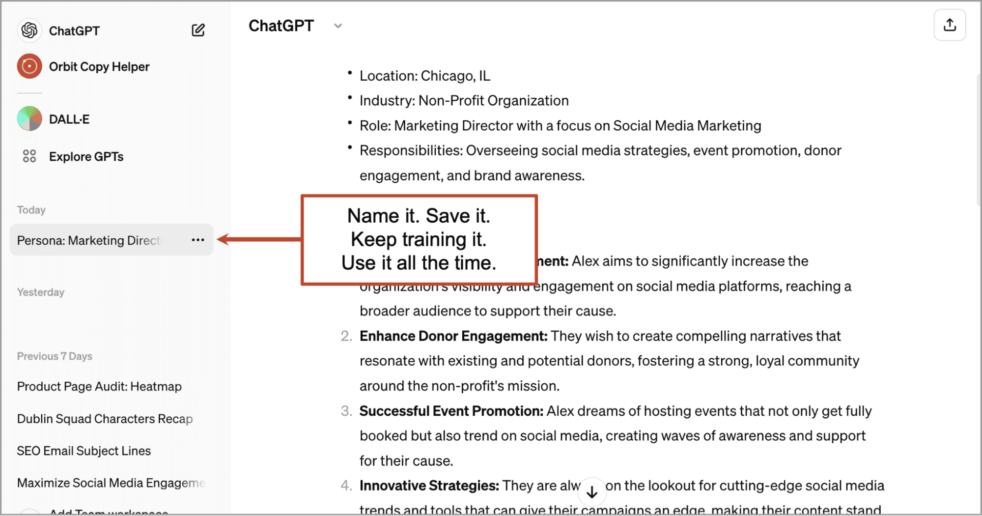 A webpage outlining the profile for a marketing director position, showing roles, and responsibilities. Text on the page reads: "Name it. Save it. Keep training it. Use it all the time.