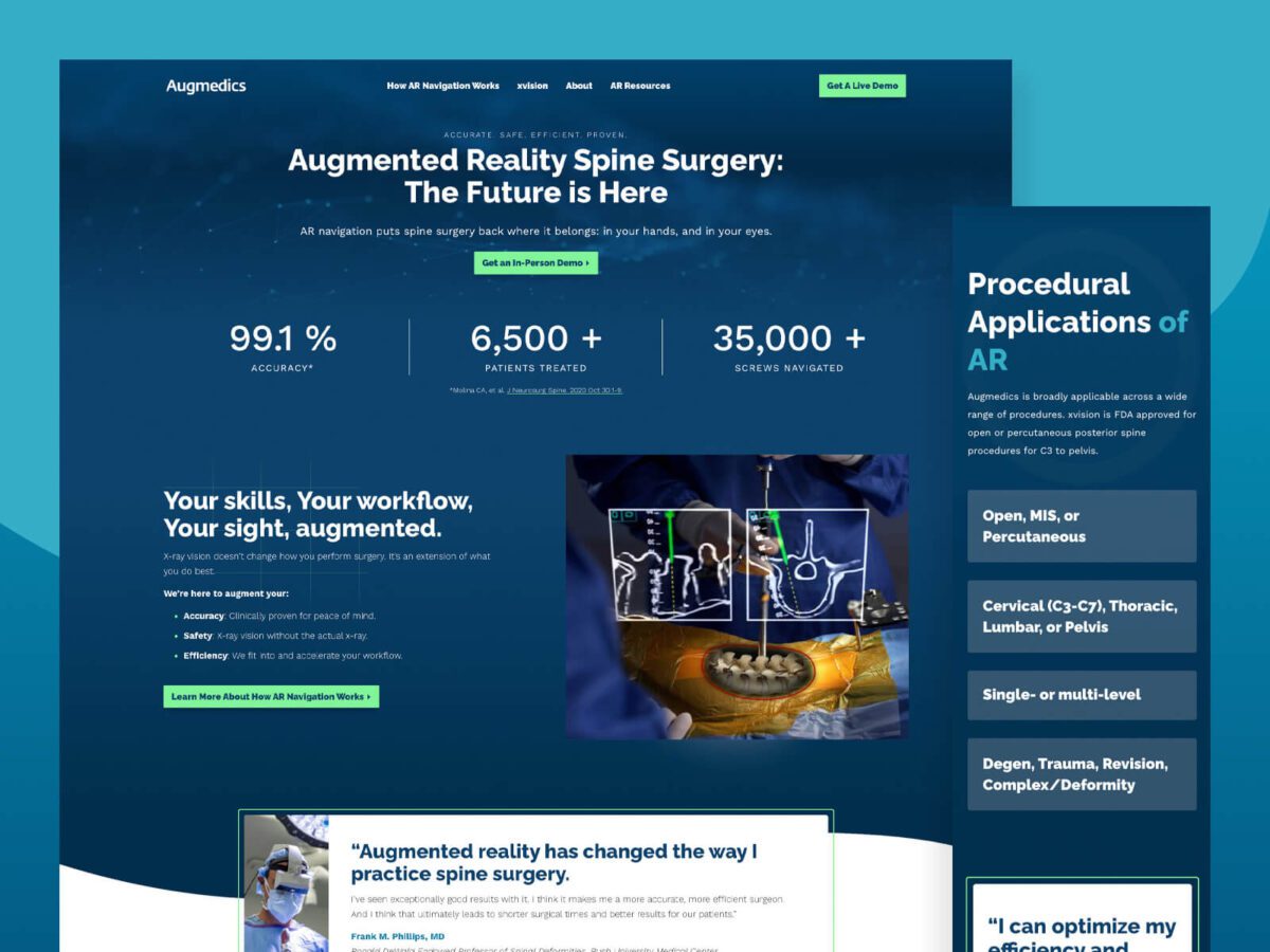 Website screenshot of Augmedics highlighting AR spine surgery with statistics on accuracy, patients treated, and surgeons. Includes procedural applications of AR, a surgical image, and testimonial.