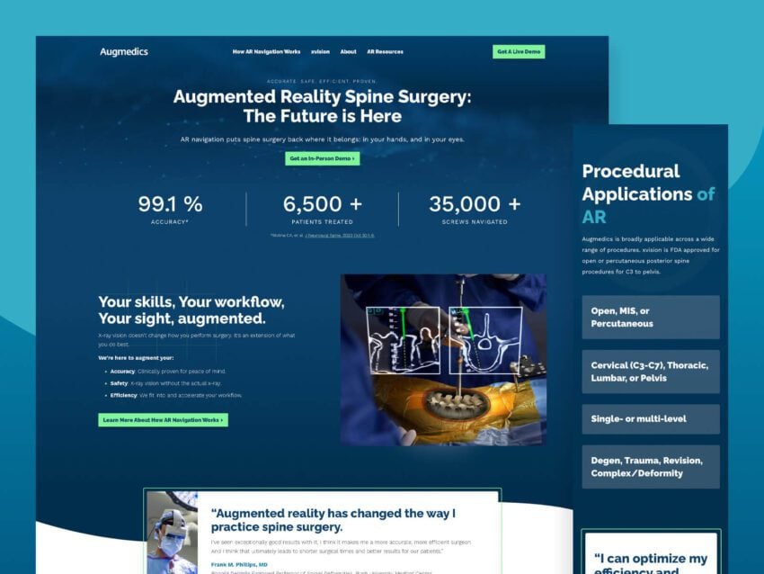 Website screenshot of Augmedics highlighting AR spine surgery with statistics on accuracy, patients treated, and surgeons. Includes procedural applications of AR, a surgical image, and testimonial.