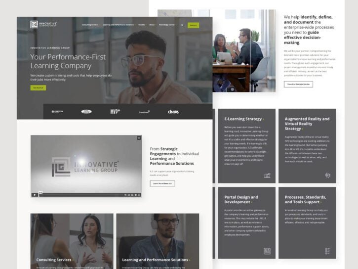 A company website layout showing a homepage with a navigation bar, main banner, and text sections describing various learning and performance-related services. Additional text blocks provide service details.