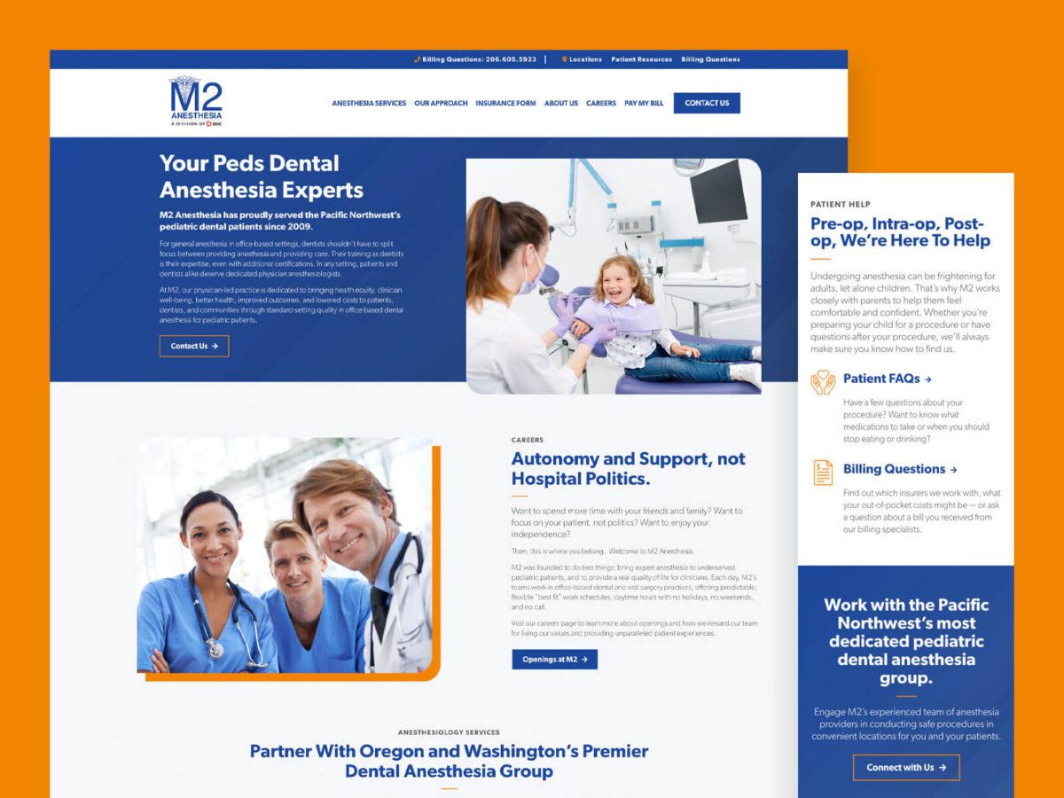Screenshot of a dental anesthesia service's website. Includes photos of medical professionals, information about pre-operative and post-operative care, patient FAQs, and billing details.
