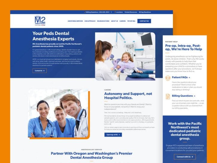 Screenshot of a dental anesthesia service's website. Includes photos of medical professionals, information about pre-operative and post-operative care, patient FAQs, and billing details.