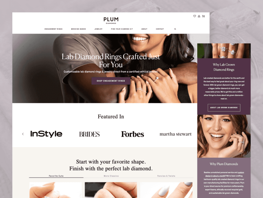Screenshot of Plum Diamonds website showcasing lab-grown diamond rings. Features a banner with a couple's hands, navigation links, customer testimonials, media mentions, and images of jewelry and diamonds.
