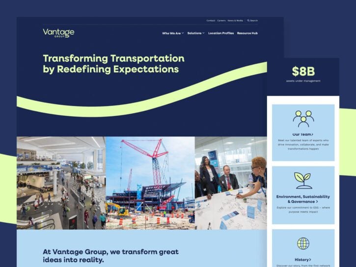 A company webpage displaying a bold headline "Transforming Transportation by Redefining Expectations" and images of a construction site, office meeting, and various business teams. The sidebar highlights key features.