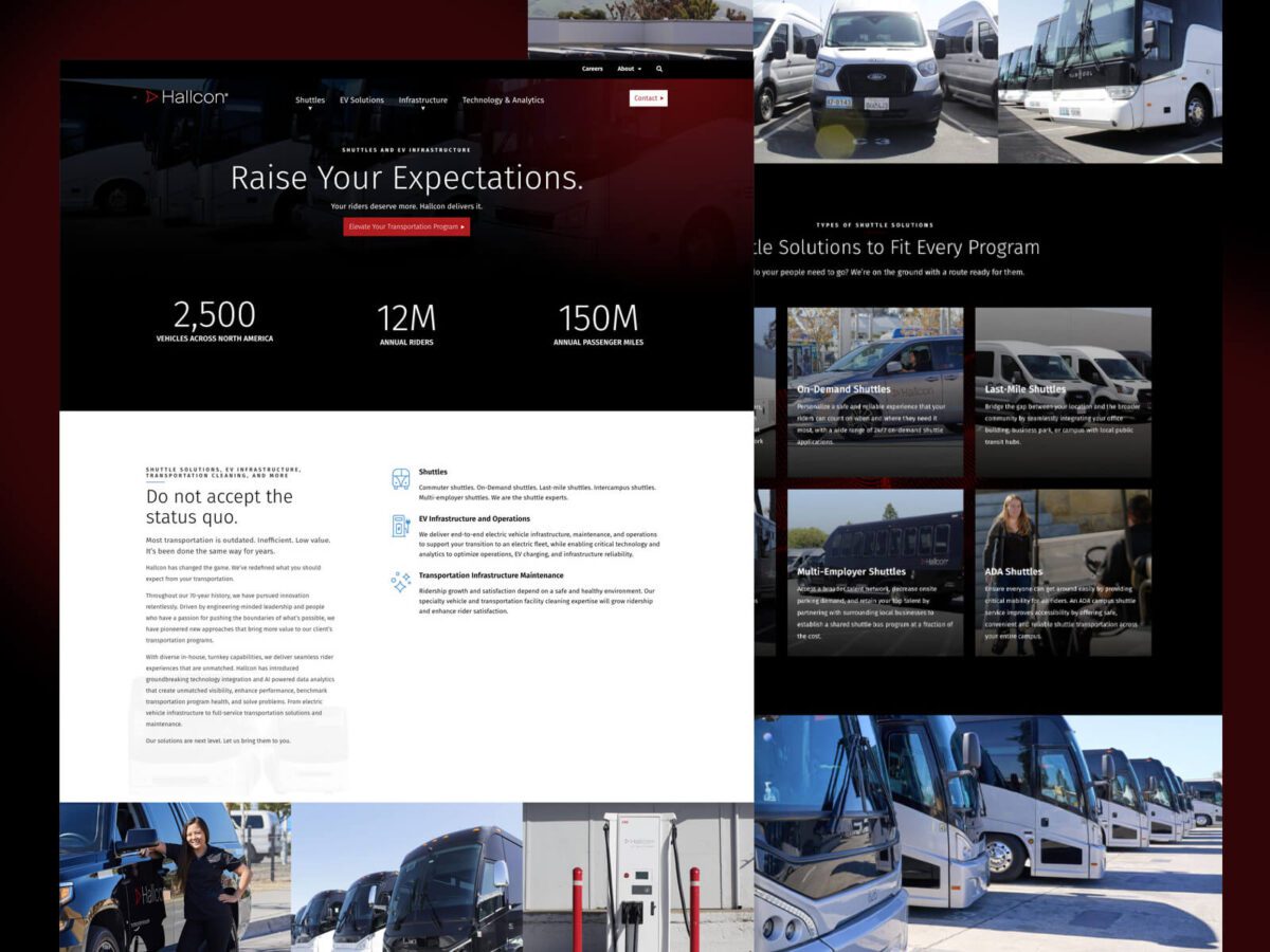 A webpage displays "Raise Your Expectations" along with service statistics. Various buses and vans are featured in images, showcasing Hallcon's transportation services.