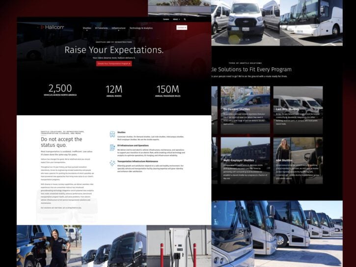 A webpage displays "Raise Your Expectations" along with service statistics. Various buses and vans are featured in images, showcasing Hallcon's transportation services.