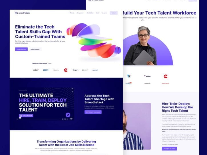 Screenshot of a Smoothstack website showing various sections promoting tech talent training and deployment. Features include custom-trained teams, solutions to tech talent shortages, and partnership logos.