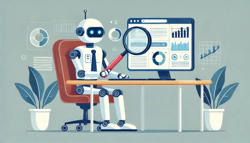 A robot sits at a desk holding a magnifying glass, examining graphs and charts displayed on a computer monitor.