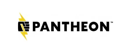 Pantheon logo with black text and a stylized black and yellow lightning bolt symbol on the left.