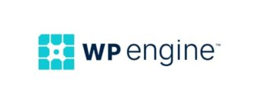Logo of WP Engine with a turquoise geometric design to the left and the text "WP Engine" in bold black and blue letters to the right.