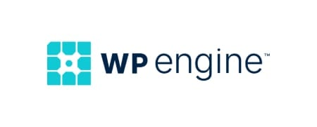 Logo of WP Engine with a turquoise geometric design to the left and the text "WP Engine" in bold black and blue letters to the right.