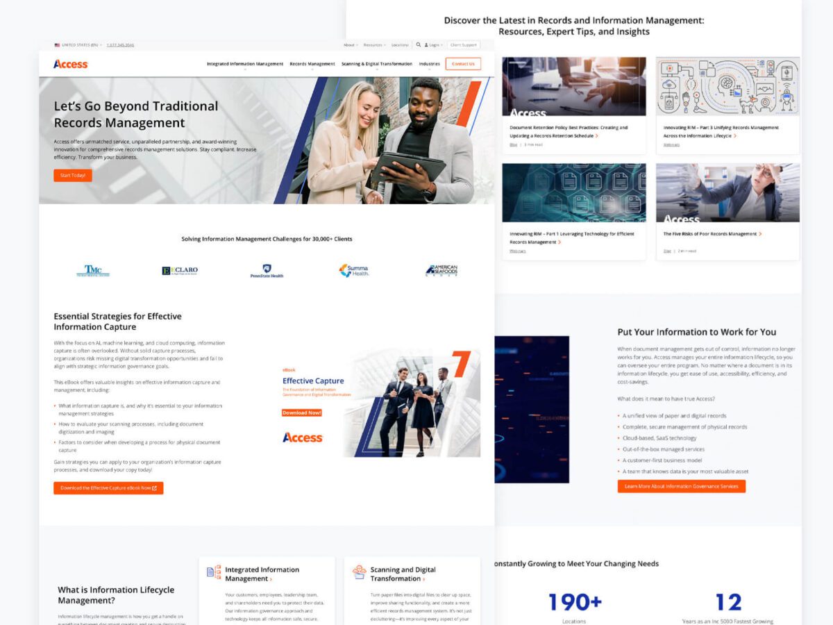 A webpage displaying information about records management, including strategies, solutions, and expert resources. Features images, icons, and sections of text, with a main headline and various subheadings.