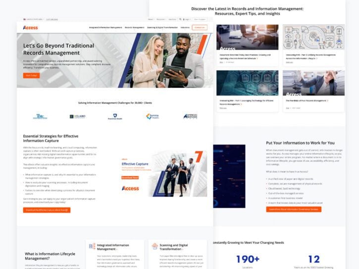 A webpage displaying information about records management, including strategies, solutions, and expert resources. Features images, icons, and sections of text, with a main headline and various subheadings.