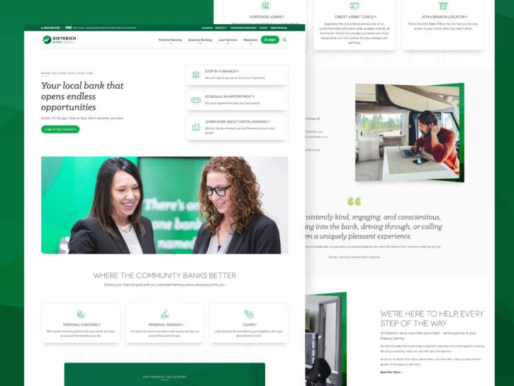 Screenshot of a bank's webpage featuring two women smiling in an office, with sections highlighting various banking services such as personal checking, personal savings, and loans.