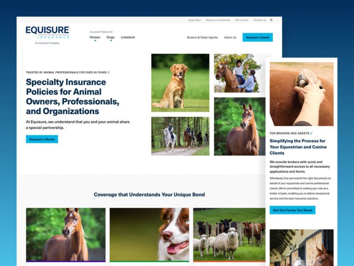 A webpage for Equisure Insurance featuring policies for animal owners, professionals, and organizations, with images of various animals and people interacting with them.
