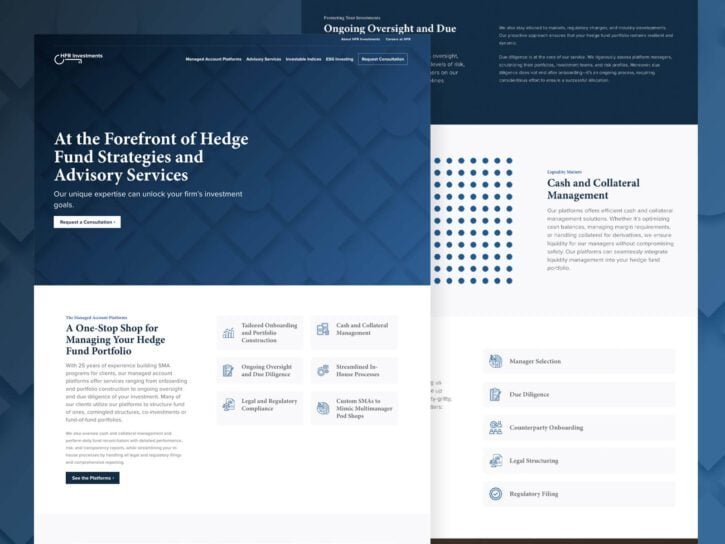 A professional webpage for a hedge fund management firm, showcasing services like portfolio management, due diligence, regulatory filing, and cash and collateral management, with a clean, blue-themed design.