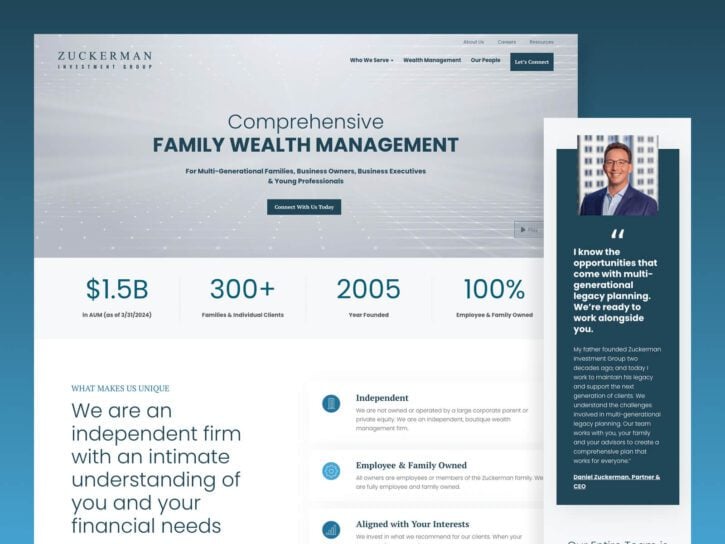 A website displays information about Zuckerman Investment Group's comprehensive family wealth management services, with statistics on assets managed, clients, founding year, and service areas.