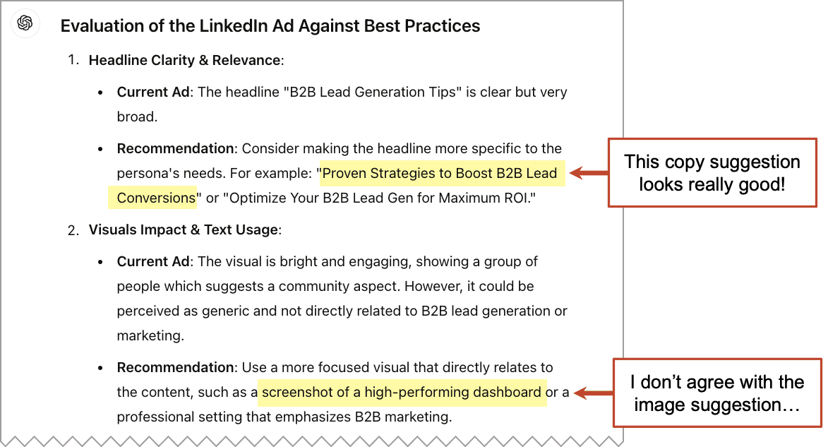 Evaluation of the LinkedIn Ad Against Best Practices document screenshot with highlighted text and comments on headline clarity, visual impact, and recommendation for a focused visual.