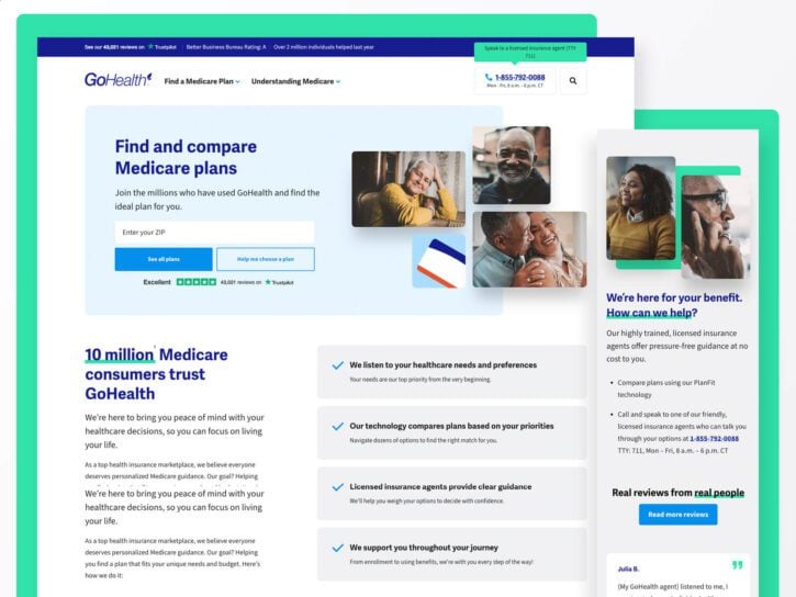A webpage from GoHealth offering tools to find and compare Medicare plans. Includes testimonials, a call to join the platform, and service features highlighting benefits to 10 million users.