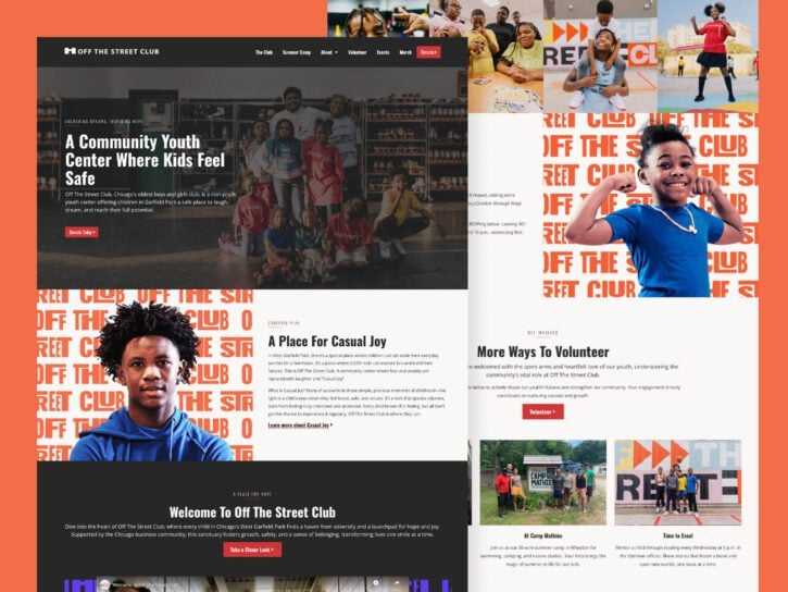 Screenshot of a website for "Off The Street Club" showing a youth center, including a mission statement, volunteer opportunities, and images of children and teens engaging in activities.