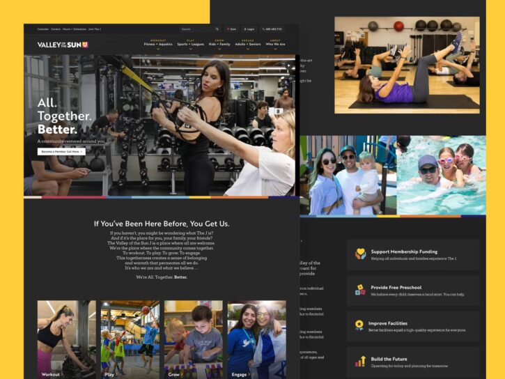 Collage featuring a gym trainer assisting a member, a fitness class, families enjoying outdoor activities, and childcare services. The text highlights community support, facility improvements, and program offerings.