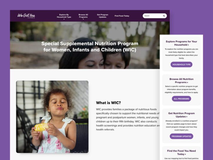 Screenshot of a website about the Special Supplemental Nutrition Program for Women, Infants, and Children (WIC), featuring a young child eating corn and informational sections about the WIC program.