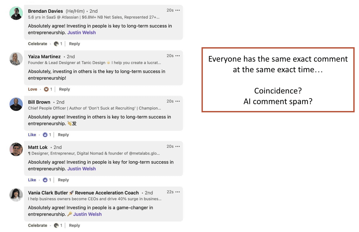 Screenshot of LinkedIn comments, all identical and posted at the same time, discussing investing in people for long-term entrepreneurial success. A text box on the right questions if it's a coincidence or AI spam.