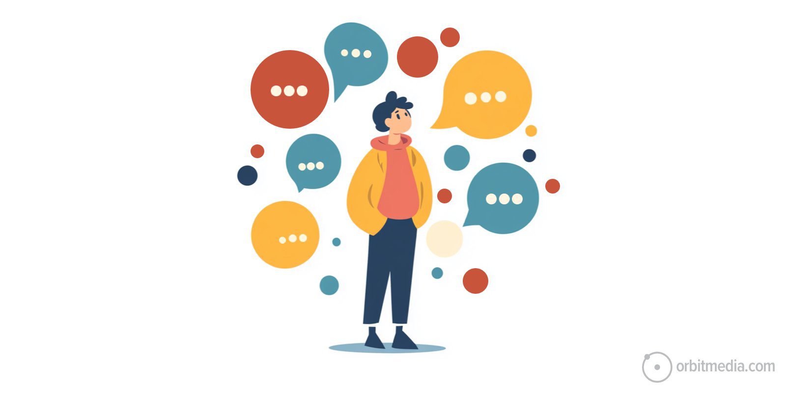 Illustration of a person standing surrounded by speech bubbles containing ellipses, indicating various thoughts or conversations.