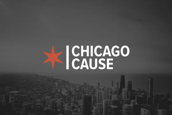 Logo for "Chicago Cause" featuring an orange star over a black and white cityscape.
