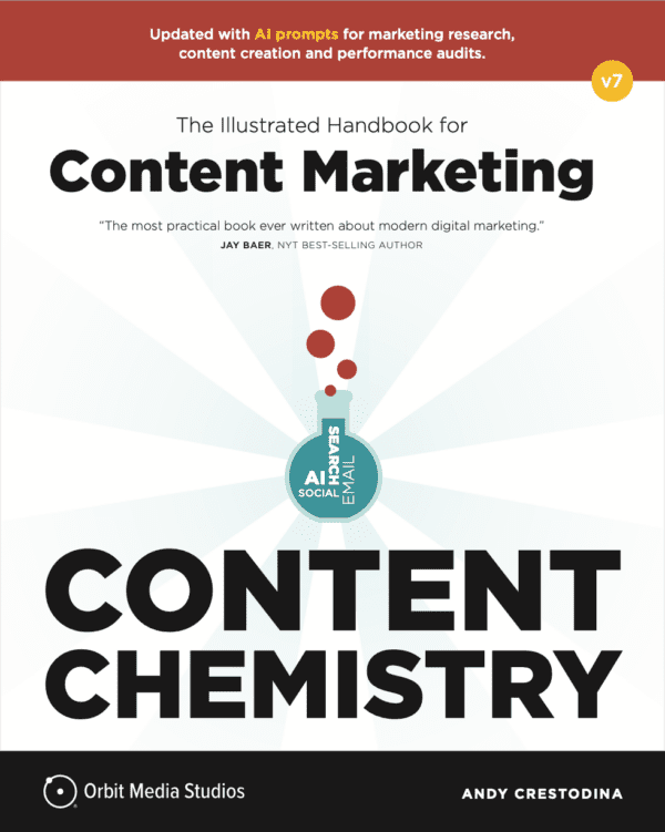 Cover of "Content Chemistry" by Andy Crestodina, featuring a beaker with content types labeled "AI", "social", "analytics", and "email". The subtitle reads, "The Illustrated Handbook for Content Marketing.