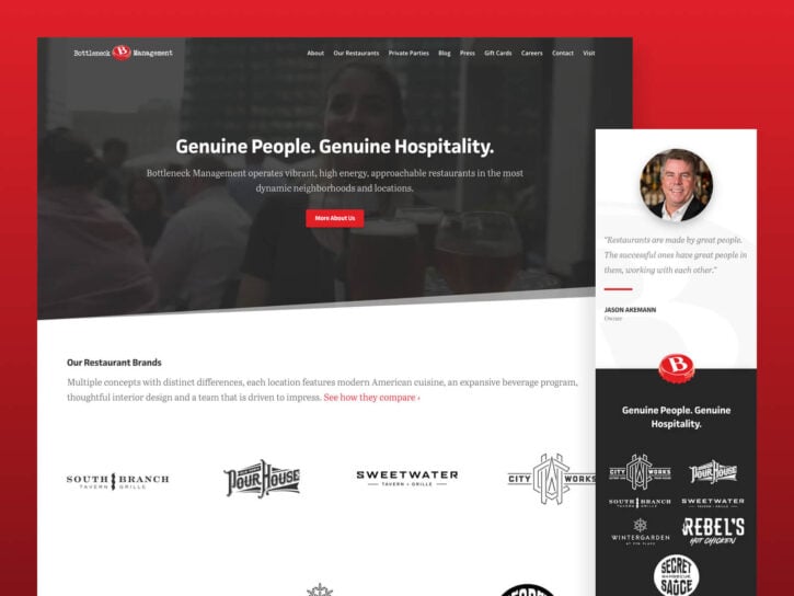 Screenshot of a website for Bottleneck Management, featuring a tagline about hospitality and a sidebar with a person’s photo and quote. Restaurant logos are displayed at the bottom.