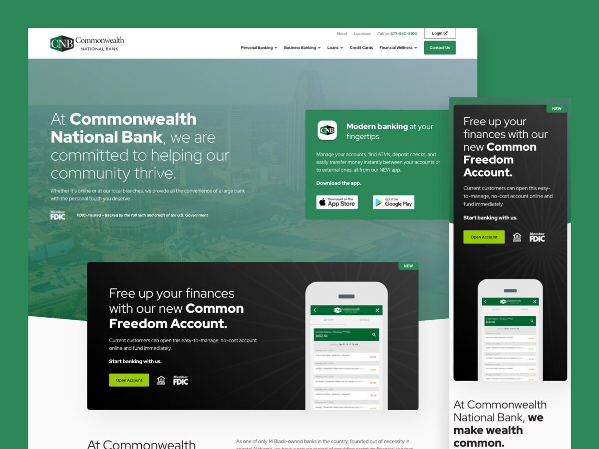 Website mockup for Commonwealth National Bank showing a homepage with offers for banking services and mobile app downloads.