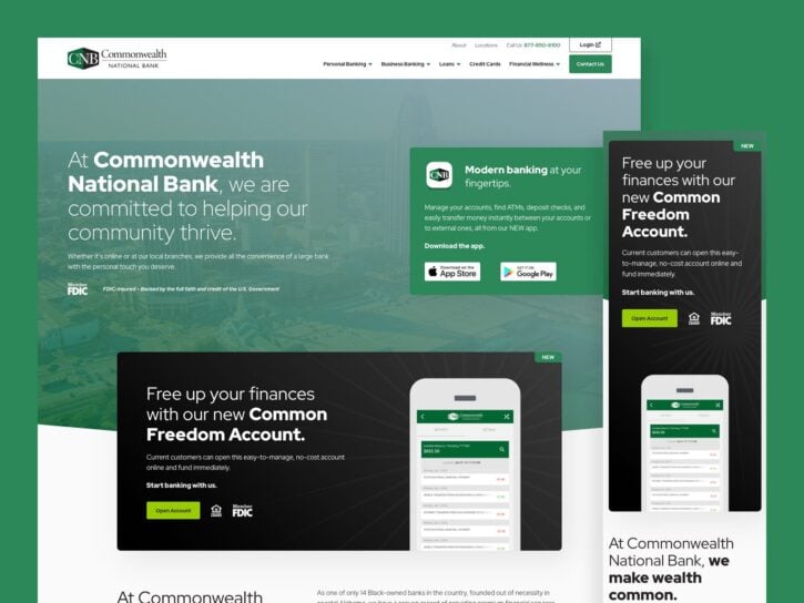 Website mockup for Commonwealth National Bank showing a homepage with offers for banking services and mobile app downloads.