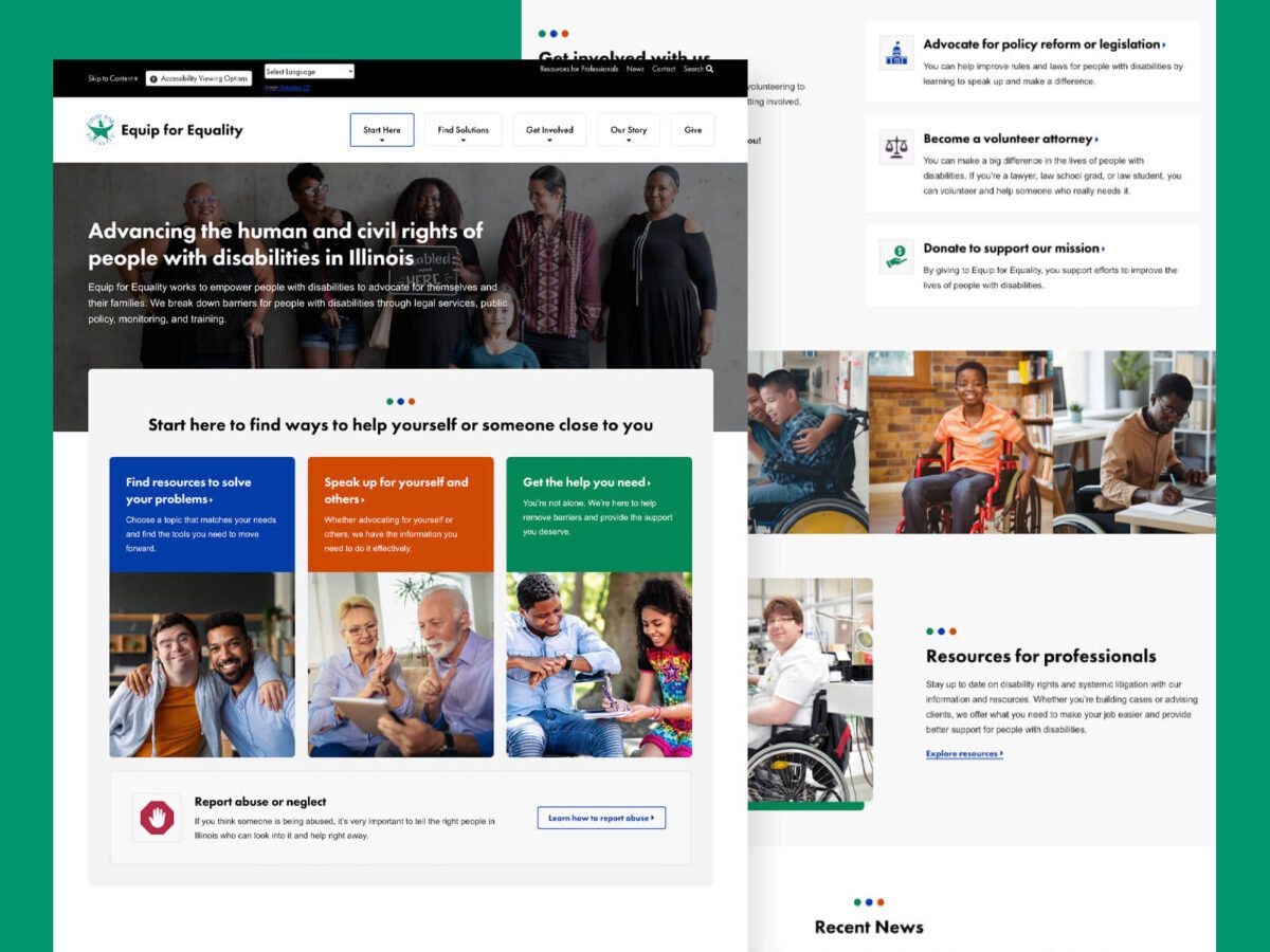 Equip for Equality website screenshot featuring resources, volunteer opportunities, and advocacy for people with disabilities in Illinois.