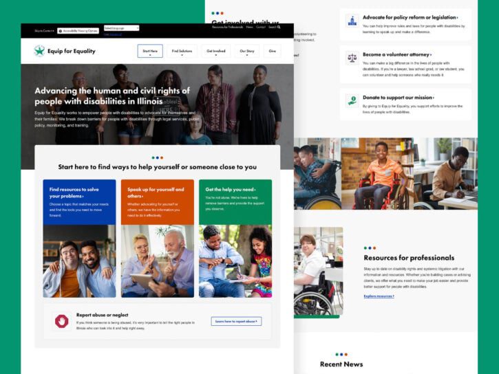 Equip for Equality website screenshot featuring resources, volunteer opportunities, and advocacy for people with disabilities in Illinois.