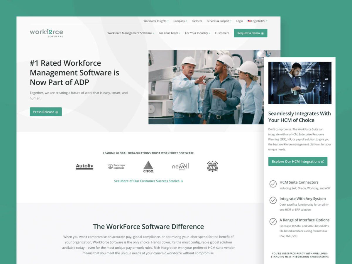 Screenshot of a webpage showing a workforce management software announcement with a header, image of professionals discussing, and integration details. Logos of client organizations are also visible.