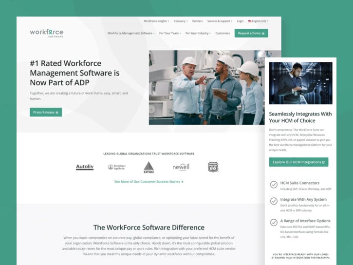 Screenshot of a webpage showing a workforce management software announcement with a header, image of professionals discussing, and integration details. Logos of client organizations are also visible.