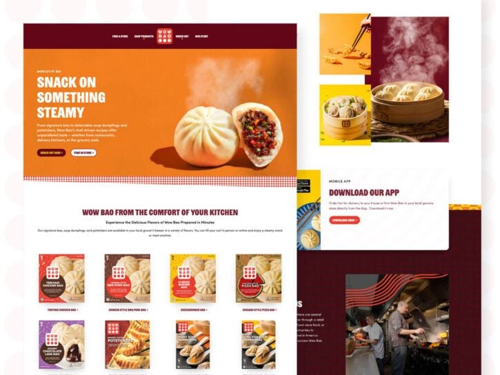 Screenshot of a restaurant website displaying steamed buns, menu options, a mobile app download prompt, and chefs cooking.
