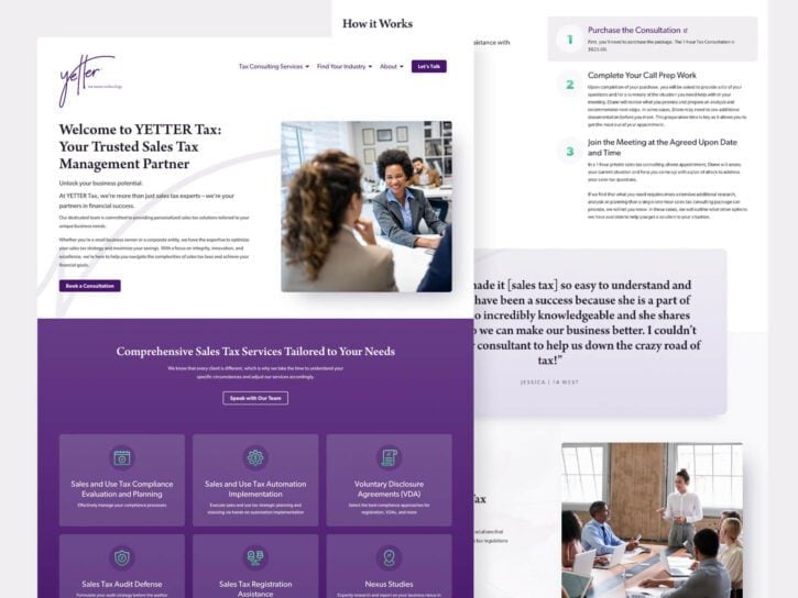 Screenshot of a website showcasing Yetter Tax services. Features include tax solutions, a meeting image, and client testimonials. Design is purple and white with headings like "Comprehensive Sales Tax Services.