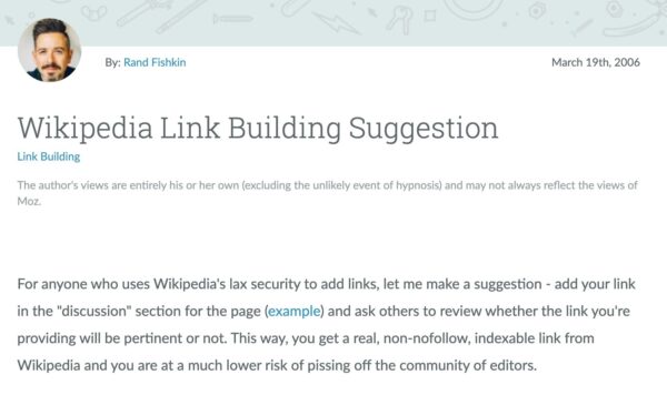 Screenshot of a blog post titled "Wikipedia Link Building Suggestion" by Rand Fishkin, posted on March 19th, 2006. The post discusses adding links to Wikipedia with reduced risk of editor disapproval.