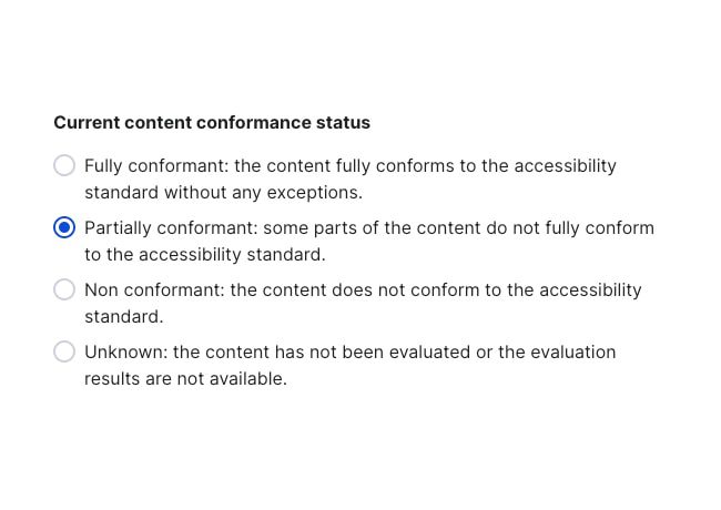 Accessibility conformance status with options. "Partially conformant" is selected, indicating some content does not fully meet accessibility standards. Other options are "Fully," "Non," and "Unknown.