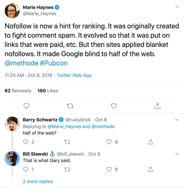 Screenshot of a Twitter conversation discussing the impact of "nofollow" on web ranking and Google's visibility, involving users Marie_Haynes, rustybrick, and bill_slawski.