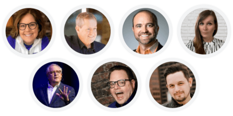 A collage of seven circular portraits featuring four men and three women smiling against various backgrounds.