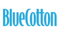 The image displays the word "BlueCotton" in bold blue font against a transparent background.