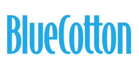 The image displays the word "BlueCotton" in bold blue font against a transparent background.